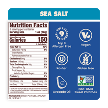 Load image into Gallery viewer, Nutrition Label Sea Salt Sweet Potato Chips in premium Avocado Oil 1oz - 30 Bags. Clean, gluten-free and paleo snack
