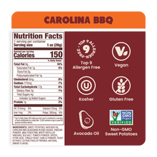 Load image into Gallery viewer, Nutrition Label Carolina BBQ Sweet Potato Chips in Avocado Oil 1oz - 30 Bags. Whole30 snack
