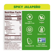 Load image into Gallery viewer, Nutrition Label Spicy Jalapeño Sweet Potato Chips in Avocado Oil 5oz - 8 Bags
