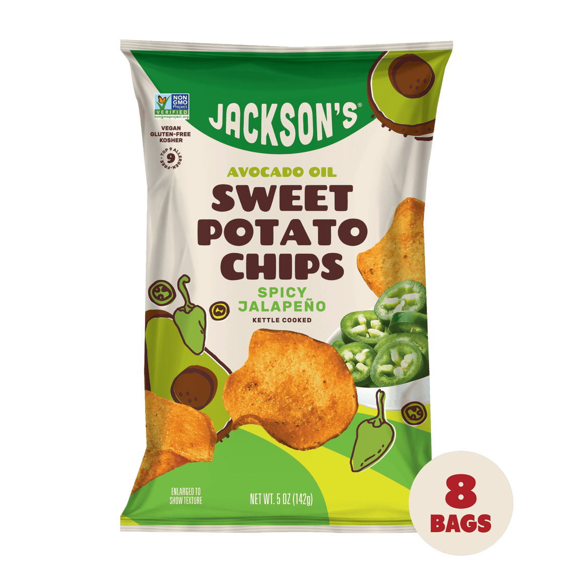 Spicy Jalapeño Sweet Potato Chips in Avocado Oil 5oz - 8 Bags. Paleo and Gluten-Free