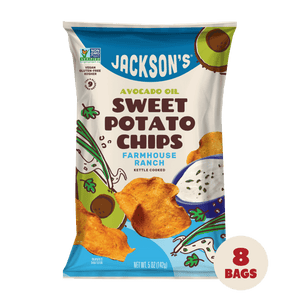 Dairy-Free Farmhouse Ranch Sweet Potato Chips in premium Avocado Oil 5oz - 8 Bags. Crispy and savory snack 