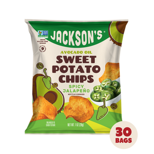 Jackson's kettle-cooked Spicy Jalapeño Sweet Potato Chips in Avocado Oil 1oz - 30 Bags. Gluten-free & vegan chips