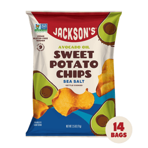 Jackson's kettle-cooked Sea Salt Sweet Potato Chips in premium Avocado Oil 2.5oz - 14 Bags. Vegan and keto-friendly snack 