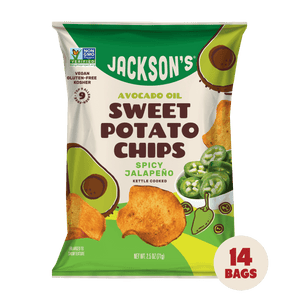 Jackson's kettle-cooked Spicy Jalapeño Sweet Potato Chips in premium Avocado Oil 2.5oz - 14 Bags. No seed oils & gluten-free snack