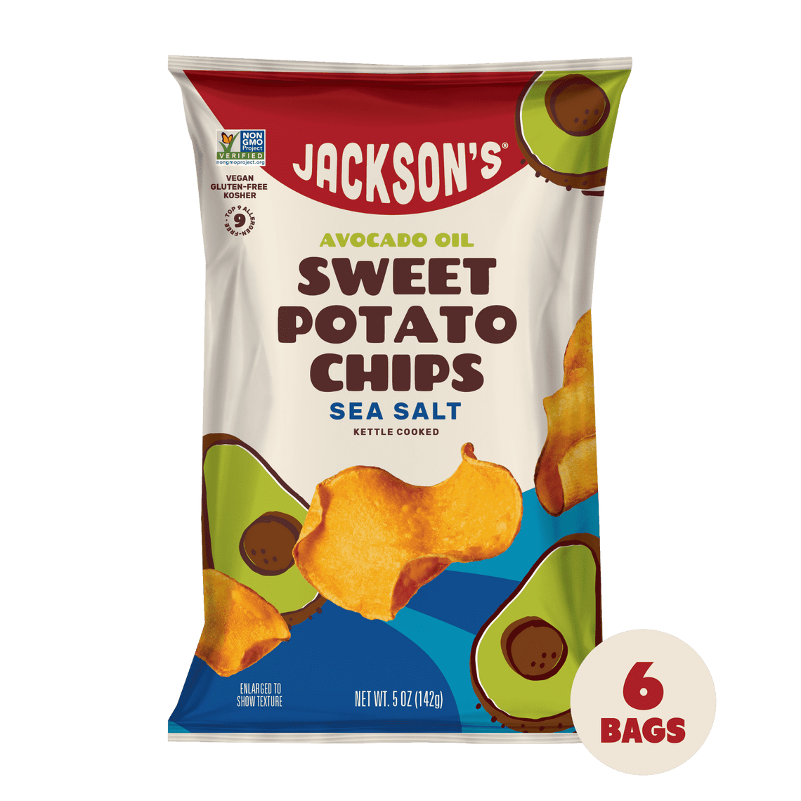Bag of Jackson’s Sweet Potato kettle chips with premium avocado oil. Non Pufa, AIP, Paleo friendly.