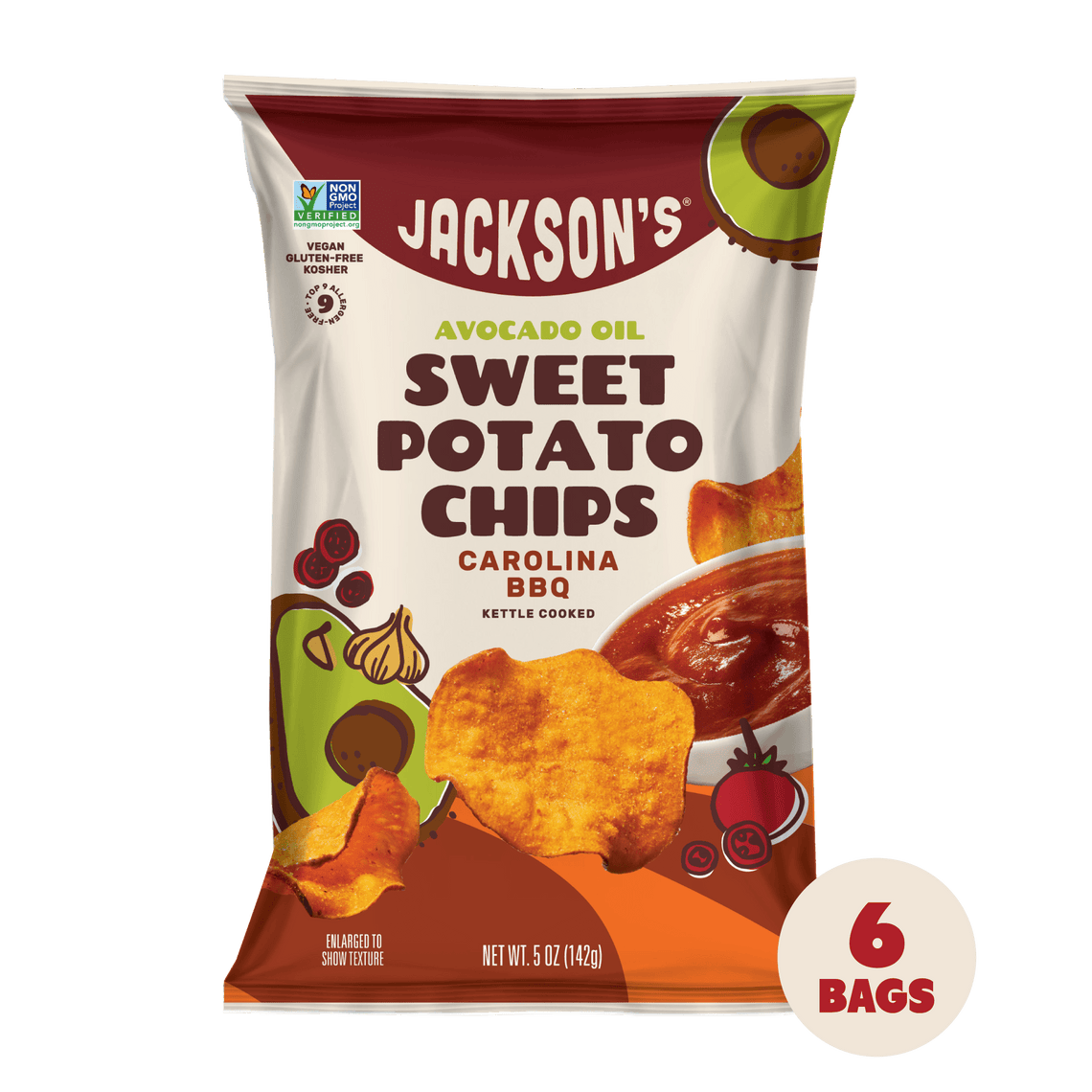 Jackson's Carolina BBQ kettle-cooked sweet potato chips with premium avocado oil bag