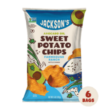 Load image into Gallery viewer, Delicious and tasty Farmhouse Ranch flavored kettle cooked Sweet Potato Chips with avocado oil. Non-GMO. Vegan. Gluten-free.
