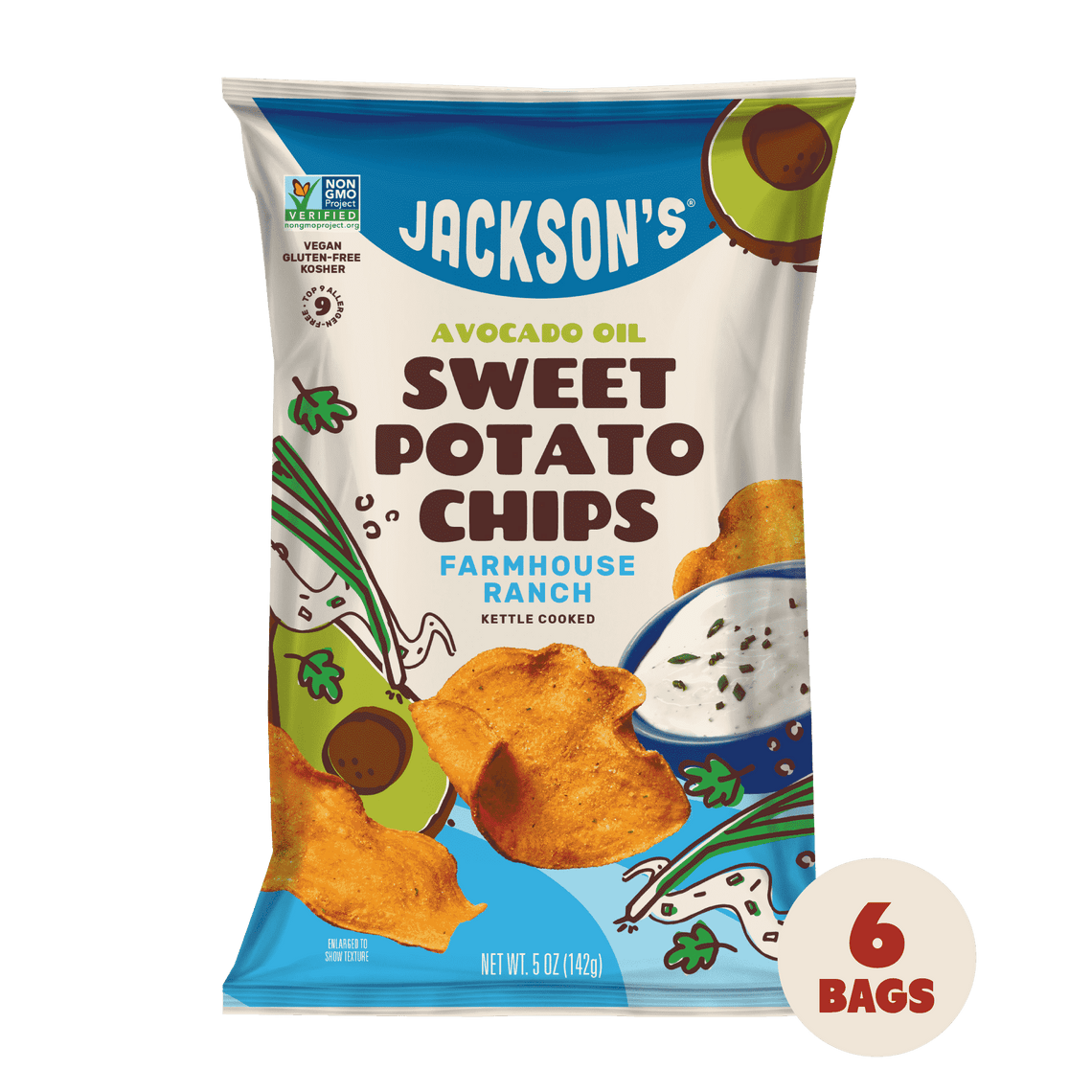 Delicious and tasty Farmhouse Ranch flavored kettle cooked Sweet Potato Chips with avocado oil. Non-GMO. Vegan. Gluten-free.