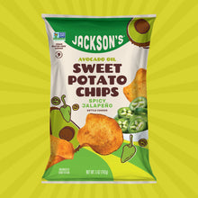Load image into Gallery viewer, Delicious and tasty Spicy Jalapeno flavored kettle cooked Sweet Potato Chips with avocado oil. Non-GMO. Vegan. Gluten-free
