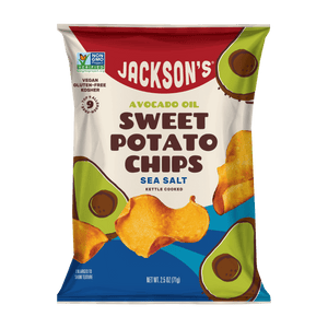 Jackson's kettle-cooked Sea Salt Sweet Potato Chips in premium Avocado Oil 2.5oz. Vegan and keto-friendly snack