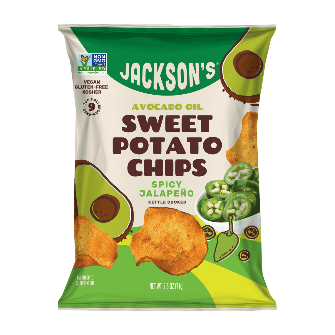 Jackson's kettle-cooked Spicy Jalapeño Sweet Potato Chips in premium Avocado Oil 2.5oz. No seed oils & gluten-free snack