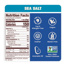 Load image into Gallery viewer, Jackson&#39;s Sea Salt Sweet Potato Chips Cooked In Avocado Oil Nutrition Label, Top 9 Allergen Free, Vegan, Kosher, Gluten Free, Non-GMO Sweet Potatoes 
