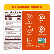 Load image into Gallery viewer, Nutrition Label Habanero crunchy Nacho Sweet Potato Chips in Avocado Oil 1oz - 30 Bags. Whole30-approved and paleo snack

