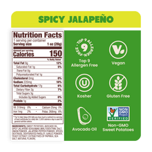 Load image into Gallery viewer, Nutrition Label Spicy Jalapeño Sweet Potato Chips in premium Avocado Oil 1oz. Keto and Gluten-free snack
