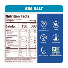Load image into Gallery viewer, Nutrition Label of Sea Salt Sweet Potato Chips in Avocado Oil 2.5oz - 14 Bags. AIP and gluten-free snack
