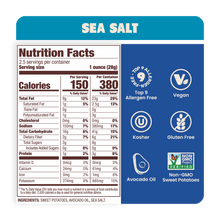 Load image into Gallery viewer, Jackson&#39;s Sea Salt Sweet Potato Chips Cooked In Avocado Oil Nutrition Label, Top 9 Allergen Free, Vegan, Kosher, Gluten Free, Non-GMO Sweet Potatoes 
