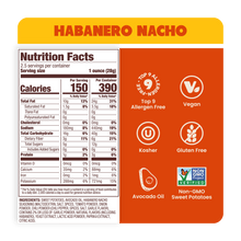Load image into Gallery viewer, Nutrition Label of crunchy Habanero Nacho Sweet Potato Chips in premium Avocado Oil 2.5oz - 14 Bags. Dairy free &amp; gluten-free
