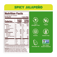 Load image into Gallery viewer, Nutrition Label of kettle-cooked Spicy Jalapeño Sweet Potato Chips in Avocado Oil 2.5oz - 14 Bags. Clean, Natural, crunchy snack.
