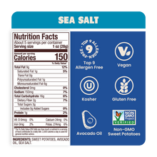 Load image into Gallery viewer, Jackson&#39;s Sea Salt Sweet Potato Chips Cooked In Avocado Oil Nutrition Label, Top 9 Allergen Free, Vegan, Kosher, Gluten Free, Non-GMO Sweet Potatoes
