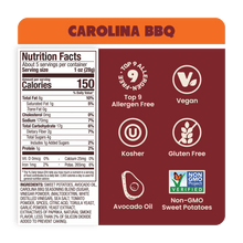 Load image into Gallery viewer, Jackson&#39;s Carolina BBQ Sweet Potato Chips Cooked In Avocado Oil Nutrition Label, Top 9 Allergen Free, Vegan, Kosher, Gluten Free, Non-GMO Sweet Potatoes 
