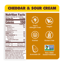 Load image into Gallery viewer, Nutrition Label of Jackson&#39;s cheddar &amp; sour cream flavored kettle cooked sweet potato chips
