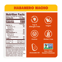 Load image into Gallery viewer, Nutrition Label Habanero Nacho Sweet Potato Chips in Avocado Oil
