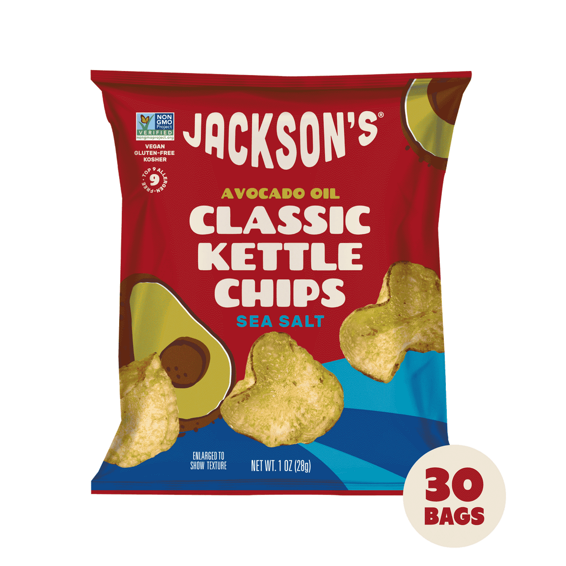 Jackson's Classic Kettle Chips Sea Salt flavor, 30 pack of 1oz bags, snack size bags, cooked in premium avocado oil, Kettle Cooked Potato Chips. 