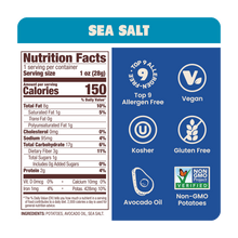 Load image into Gallery viewer, Nutrition label for Jackson&#39;s Classic Kettle Chips Sea Salt flavor for 1oz snack size bags, allergen free, vegan, gluten free, kosher, non-GMO potatoes, cooked in avocado oil 
