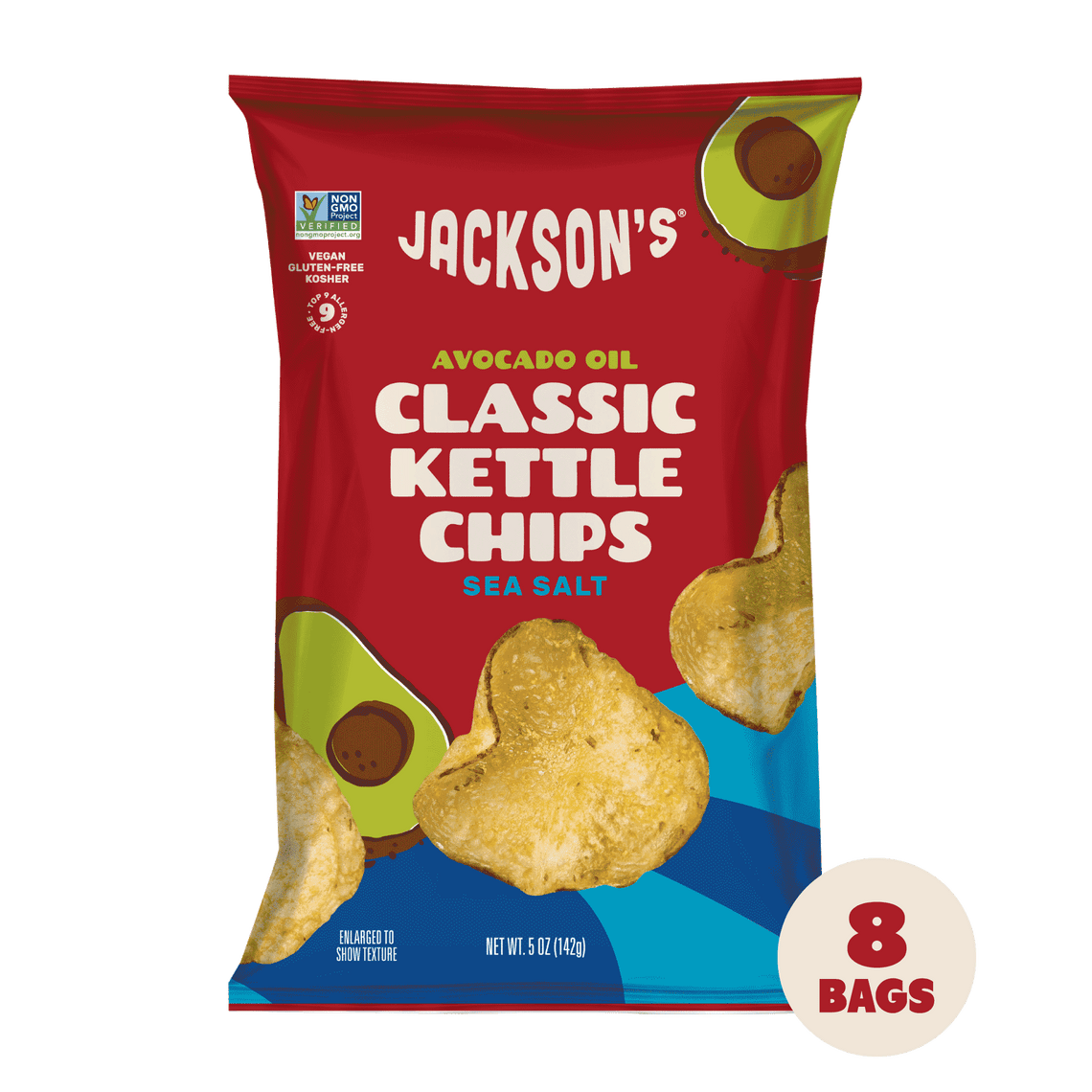Jackson's Classic Kettle Chips Sea Salt flavor, 8 pack of 5oz bags, cooked in premium avocado oil, Kettle Cooked Potato Chips. 