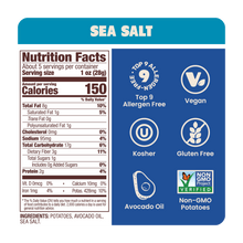 Load image into Gallery viewer, Nutrition label for Jackson&#39;s Classic Kettle Chips Sea Salt flavor, allergen free, vegan, gluten free, kosher, non-GMO potatoes, cooked in avocado oil 
