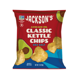 Jackson's Classic Kettle Chips Sea Salt flavor, 1oz bags, snack size bags, cooked in premium avocado oil, Kettle Cooked Potato Chips.