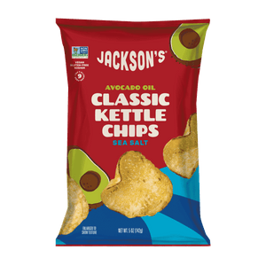Jackson's Classic Kettle Chips Sea Salt flavor, 5oz bags, cooked in premium avocado oil, Kettle Cooked Potato Chips.