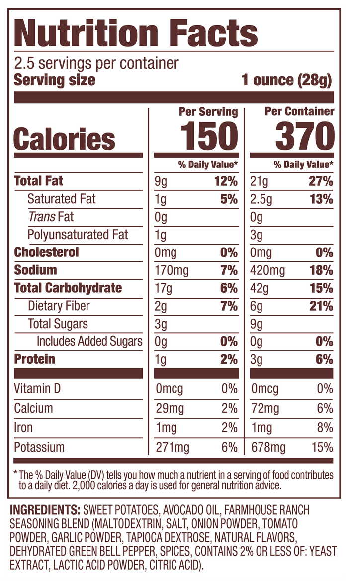 Farmhouse Ranch Jackson's Sweet Potato Chips nutrition label