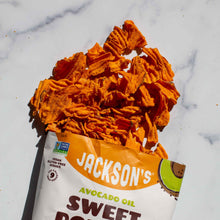 Load image into Gallery viewer, Jackson&#39;s Wavy Cut Cheddar &amp; Sour Cream flavored sweet potato chips kettle cooked in avocado oil, dairy-free, vegan, cheddar flavored

