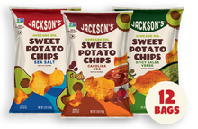 Load image into Gallery viewer, Bags of Sea Salt, Carolina BBQ and Spicy Salsa Verde Sweet Potato Chips. 9 allergen-free, vegan and kosher
