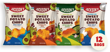 Load image into Gallery viewer, Bags of Jackson&#39;s Sweet Potato Chips of Sea Salt, Carolina BBQ, Spicy Salsa Verde flavors with avocado oil and Coconut Oil and Sea Salt bag 
