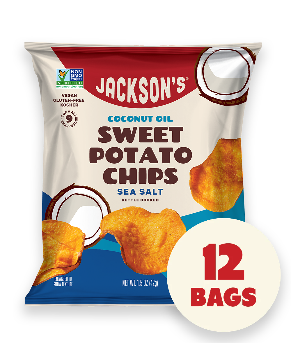 Jackson's kettle-cooked Sweet Potato Chips with premium, unrefined coconut oil with sea salt 1.5 oz bag 
