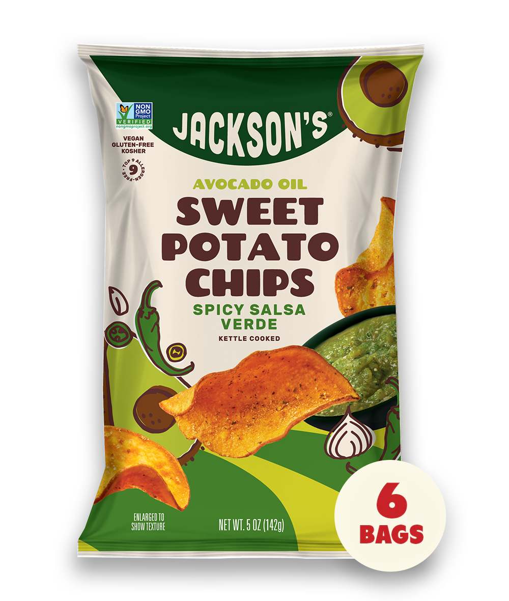 Spicy Salsa Verde  kettle-cooked sweet potato chips with pure avocado oil bag 