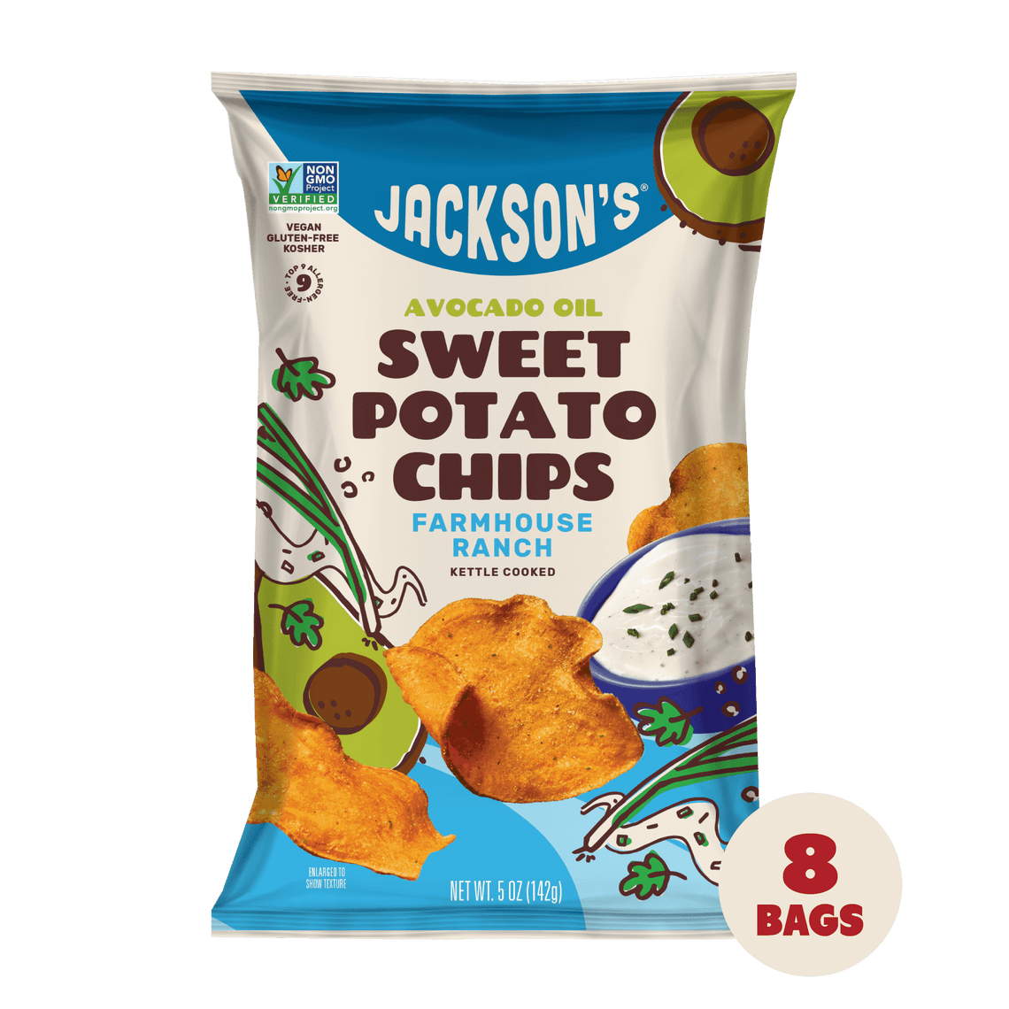 Dairy-Free Farmhouse Ranch Sweet Potato Chips in premium Avocado Oil 5oz - 8 Bags. Crispy and savory snack 
