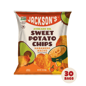 Habanero Nacho Sweet Potato Chips in Avocado Oil 1oz - 30 Bags. Vegan and dairy-free snack 