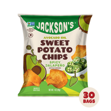 Load image into Gallery viewer, Jackson&#39;s kettle-cooked Spicy Jalapeño Sweet Potato Chips in Avocado Oil 1oz - 30 Bags. Gluten-free &amp; vegan chips
