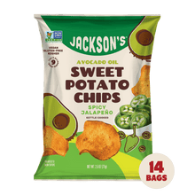 Load image into Gallery viewer, Jackson&#39;s kettle-cooked Spicy Jalapeño Sweet Potato Chips in premium Avocado Oil 2.5oz - 14 Bags. No seed oils &amp; gluten-free snack
