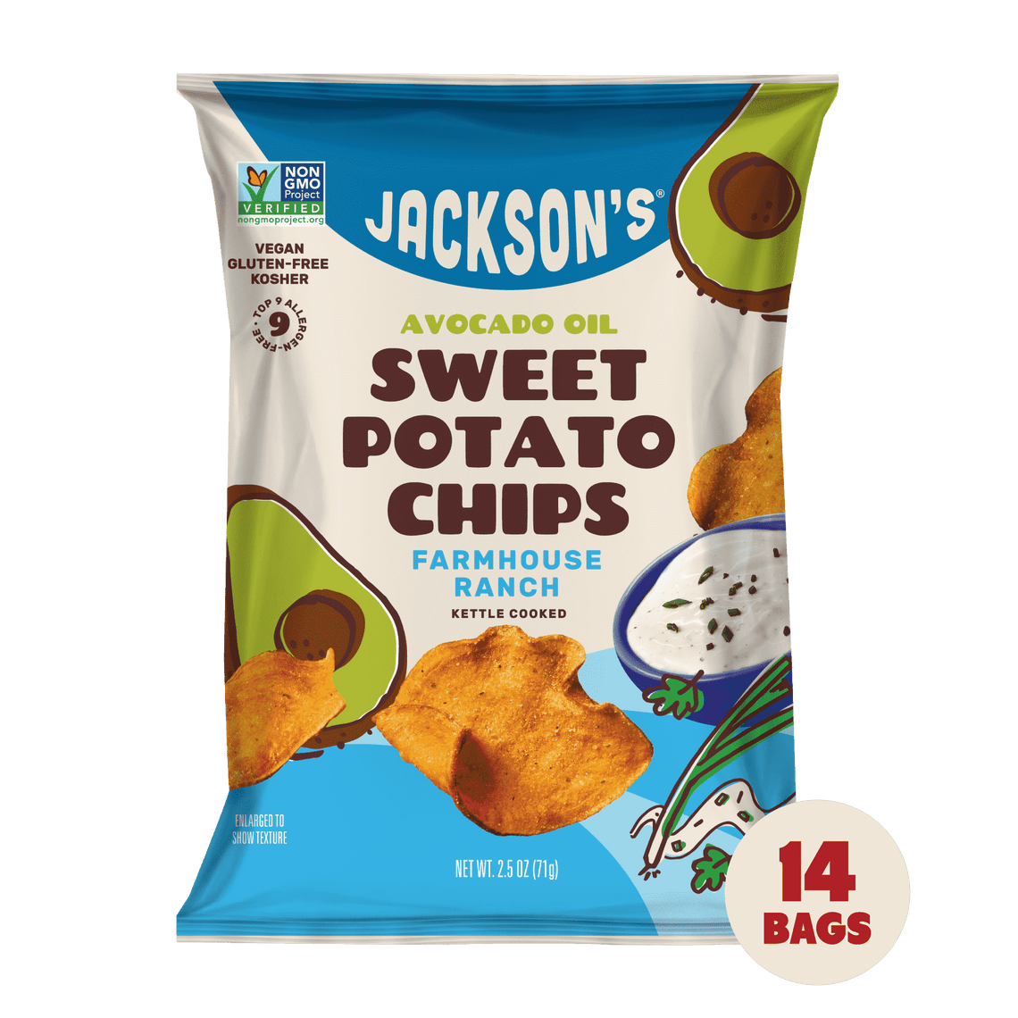 Vegan Farmhouse Ranch Sweet Potato Chips in Avocado Oil 2.5oz - 14 Bags. Paleo-friendly snack